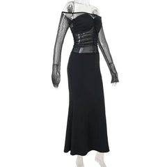 Off shoulder long sleeve mesh patchwork ruched maxi dress