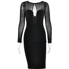 Long sleeve mesh patchwork button midi dress-final-sale