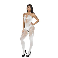 Halter patchwork lace backless bodystocking