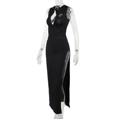 V neck print zip-up backless high slit tank maxi dress