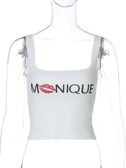 Square neck "MNIQUE" pattern backless cami top