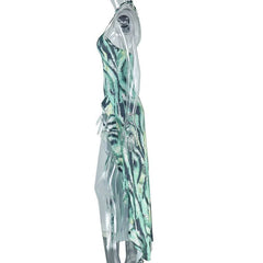 Halter self tie cross front high slit striped print maxi dress