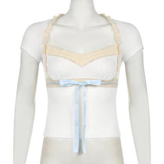 Short sleeve ribbon lace hem bowknot top