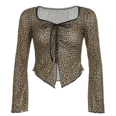 Leopard print long sleeve mesh crop top