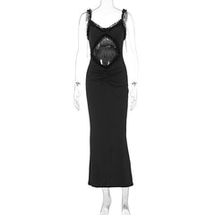 Ruffle hollow out ruched bowknot cami cut out midi dress