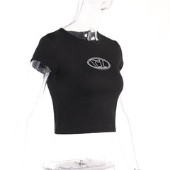 Embroidery contrast cap sleeve crewneck crop top