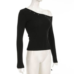 Long sleeve one shoulder slit self tie top