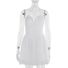 Halter lace up stitch lace backless mini dress
