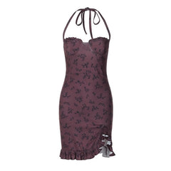 Halter print ruffle knotted backless mini dress
