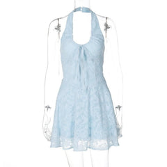 Halter textured knotted ruched button mini dress