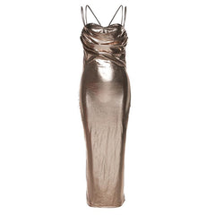 Metallic ruched backless patchwork solid midi dress- Final Sale
