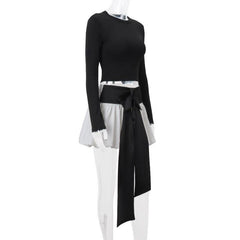 Long sleeve crewneck bowknot lace up ribbon ruched mini skirt set-final-sale