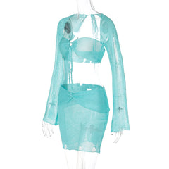Long sleeve hollow out shrug 3 piece mini skirt set
