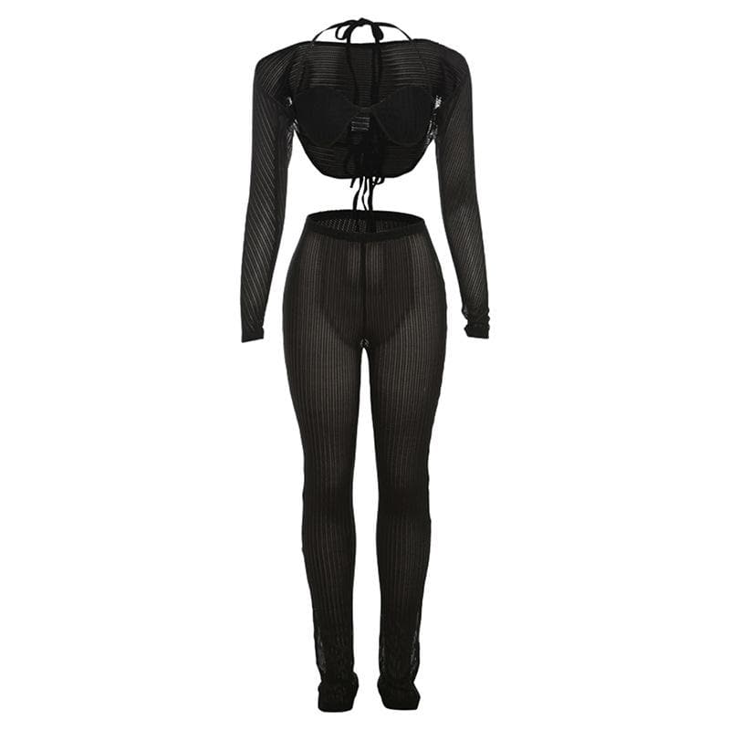 Halter shrug textured see through pant set-final-sale