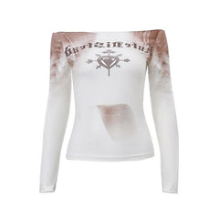 Long sleeve off shoulder tie dye abstract contrast top-final-sale