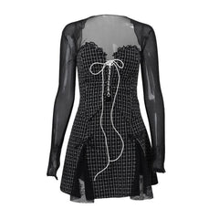 Long sleeve mesh plaid bowknot lace up shrug 2 piece mini dress-final-sale