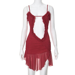 Double layered mesh ruffle hollow out cami cut out mini dress