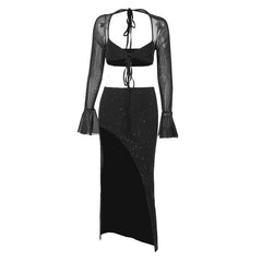 Self tie long sleeve textured backless slit low cut midi skirt set-final-sale