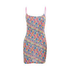 Mesh letter print contrast square neck backless cami mini dress-final-sale