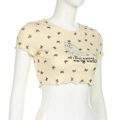 Short sleeve cat print ruffle crop top