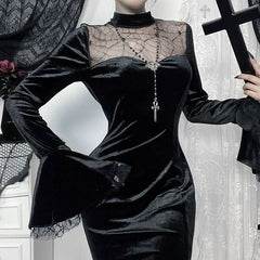 Long flared sleeve velvet patchwork spider web maxi dress