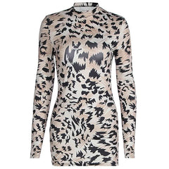 Long sleeve crewneck print backless mini dress