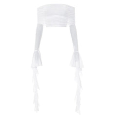 Long flared sleeve off shoulder ruffle sheer mesh backless top-final-sale