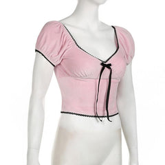 Short puff sleeve bowknot ribbon velvet top