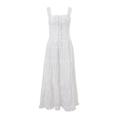 Drawstring ruched ruffle textured cami midi dress