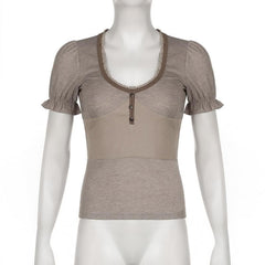 Short puff sleeve button stitch ruffle ribbed top