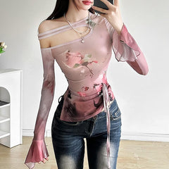 Long flared sleeve sheer mesh print top