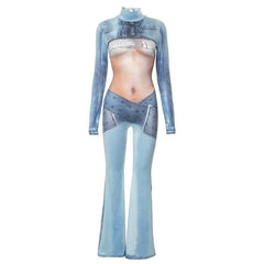 Long sleeve high neck body print zip-up contrast jumpsuit-final-sale
