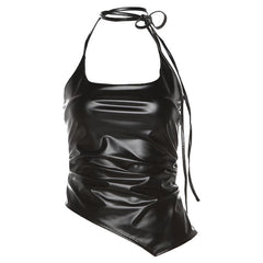 Self tie halter backless irregular PU leather square neck top