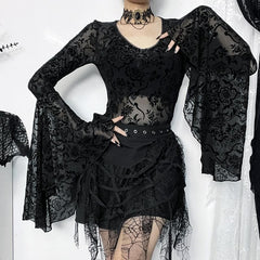 Long flared sleeve ruffle bowknot mesh see through bodysuit