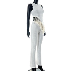 Irregular sleeveless textured crewneck tassels solid pant set-final-sale
