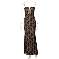 Metal applique hollow out lace tube cut out maxi dress