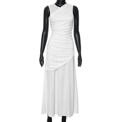 Crewneck ruched patchwork irregular tank midi dress