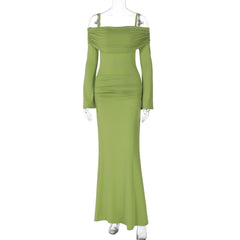 Ruched long sleeve off shoulder cami maxi dress