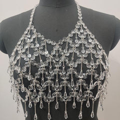 Metal chain plastic crystal halter backless crop top