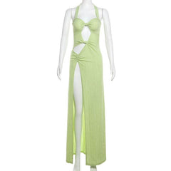 Halter hollow out high slit ruched cut out maxi dress
