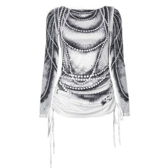 Drawstring long sleeve beaded print contrast backless top-final-sale