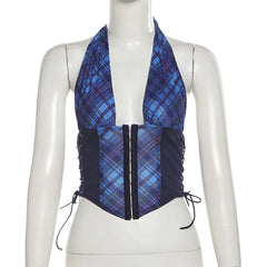 Halter button plaid print lace up top