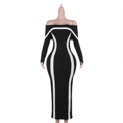 Long sleeve off shoulder contrast backless maxi dress