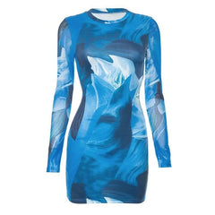 Long sleeve crewneck mesh contrast print mini dress-final-sale