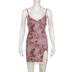 Lace hem slit v neck rose print cami mini dress