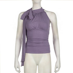 Sleeveless high neck knotted ruched top