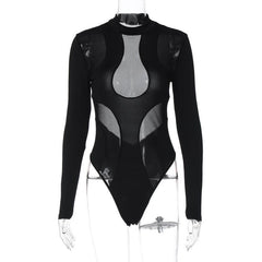 Long sleeve crewneck mesh patchwork bodysuit