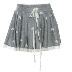 Drawstring lace hem bowknot print A line mini skirt