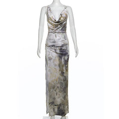 Cowl neck cross back o ring high slit print maxi dress