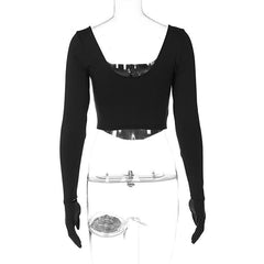 Long sleeve solid u neck gloves crop top-final-sale